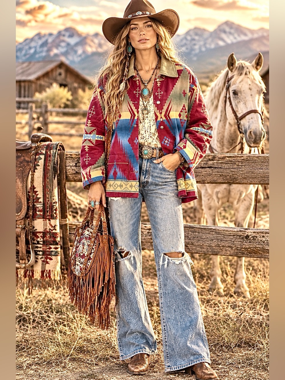 RARE Jones of New York Rare Southwestern leather trim Jacket w farmhouse vibe